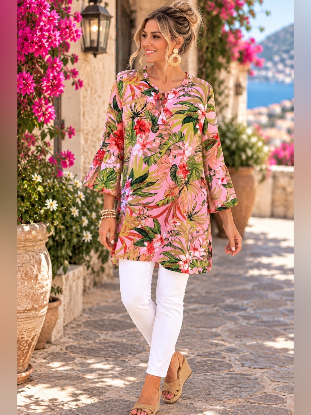 J.Jill Pink Tropical Floral Tunic Top Medium Bell Sleeve Boho Resort